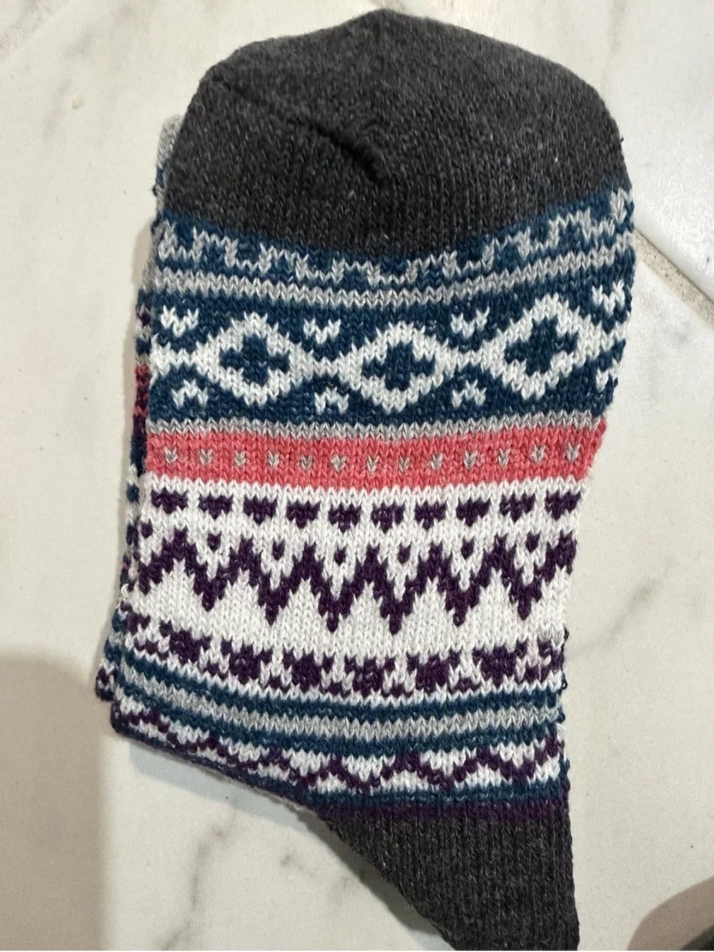 Men's womens Patterned Crew Socks in Gray with Blue, Purple & Pink Accents